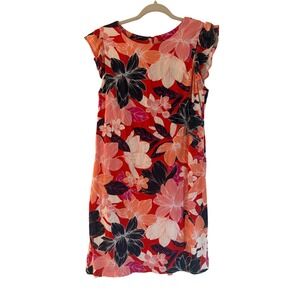 Jessica Howard Red Floral Ruffle Cap Sleeve Sheath Dress Size 12 Tropical Summer